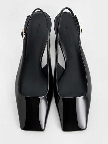 Patent Square-Toe Slingback Pumps, Black Patent, hi-res