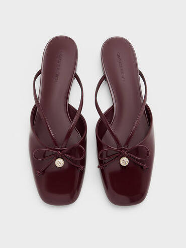 Pearl-Accent Bow Flat Mules, Burgundy, hi-res