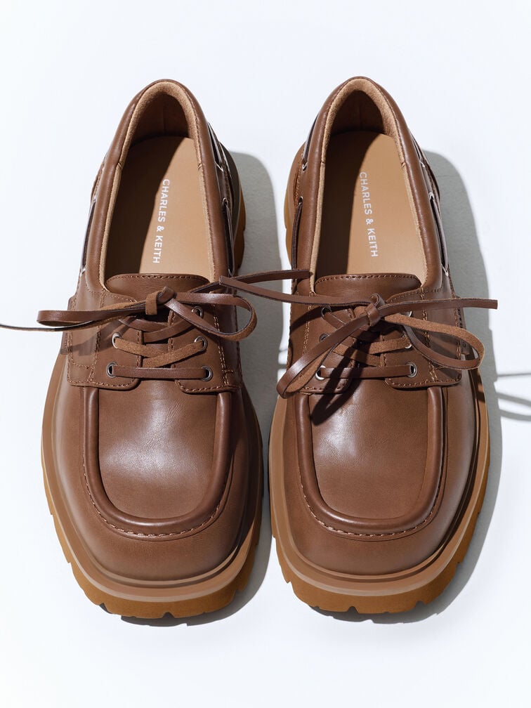 Ridged-Sole Boat Shoes, Cognac, hi-res