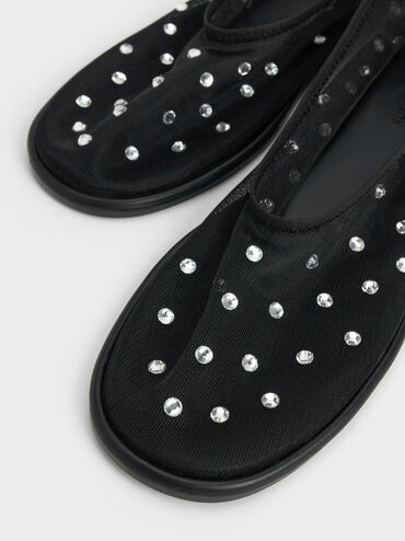 Mesh Gem-Embellished Ballet Flats, Black Textured, hi-res