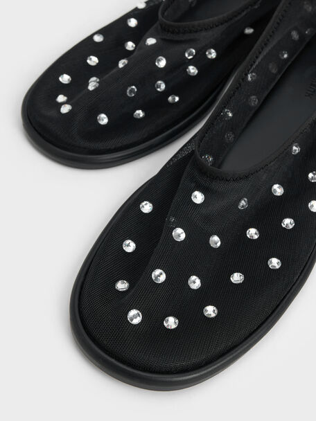 Mesh Gem-Embellished Ballet Flats, Black Textured, hi-res