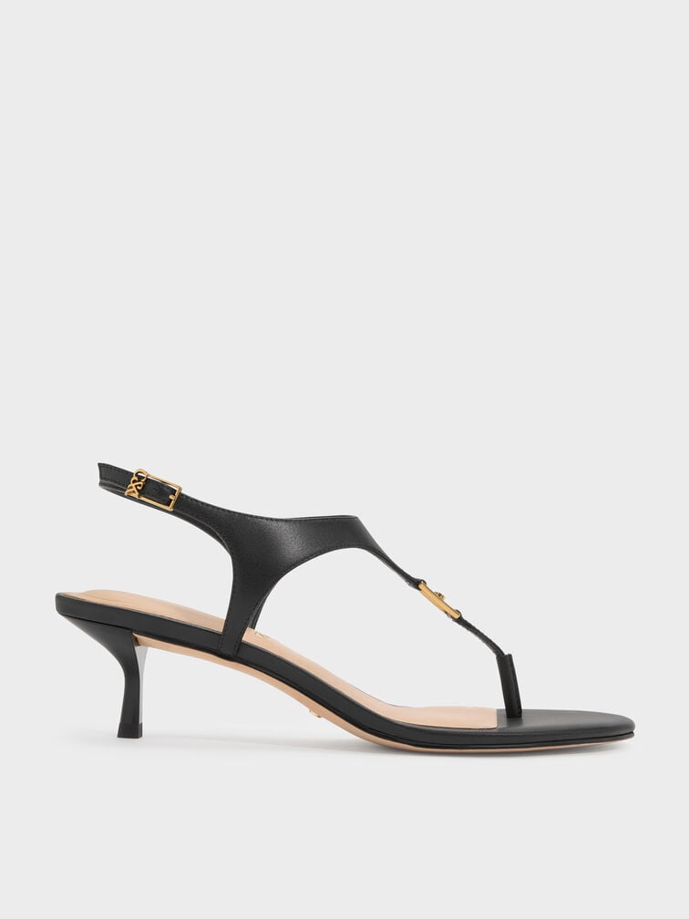 Leather Thong Kitten Heels, Black, hi-res