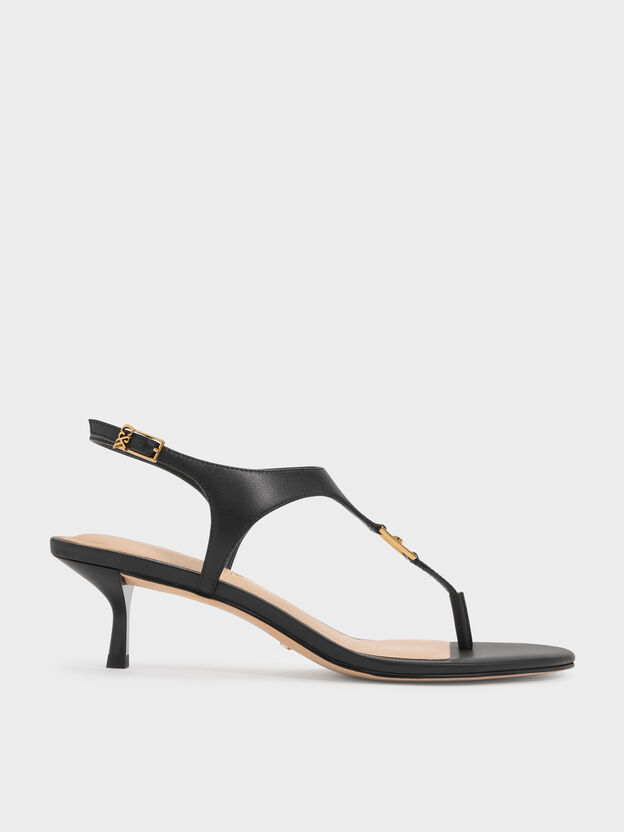 Leather Thong Kitten Heels, Black, hi-res