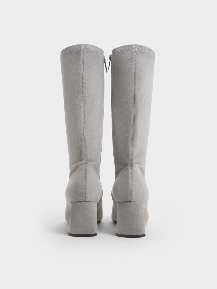 Faux Suede Blade-Heel Pointed-Toe Calf Boots, Grey, hi-res