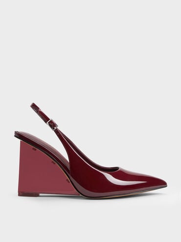 Patent Translucent-Heel Slingback Wedges, Burgundy, hi-res