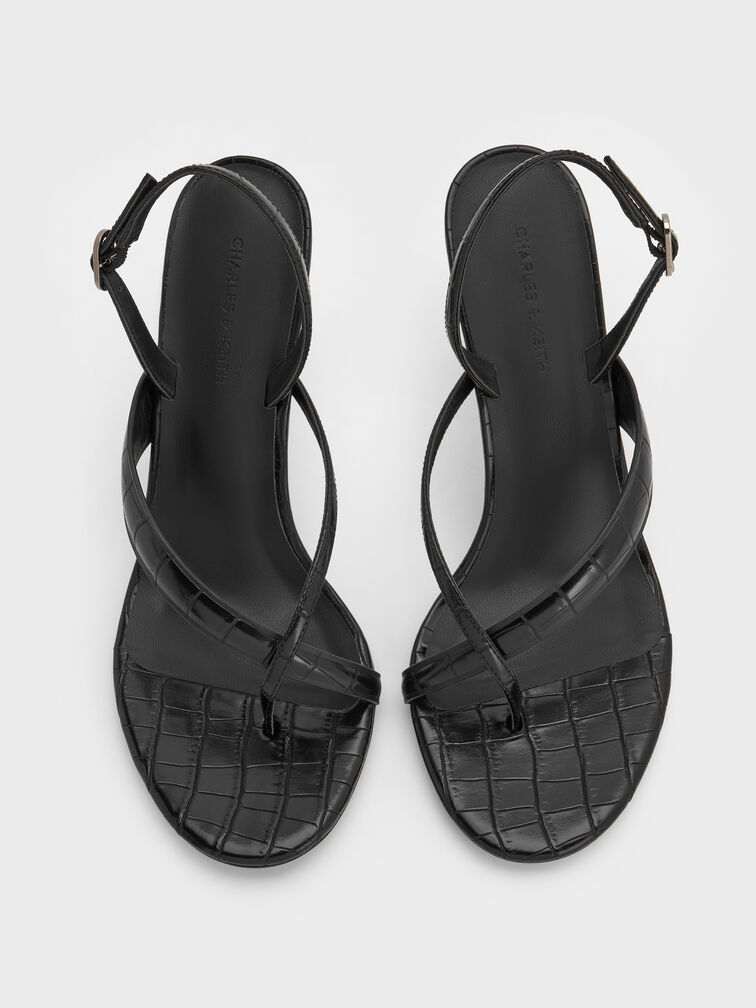 Croc-Effect Stiletto Slingback Thong Sandals, Animal Print Black, hi-res