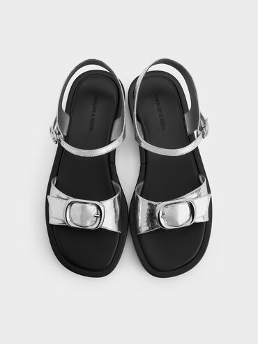 Metallic Buckled Slingback Sandals, Silver, hi-res