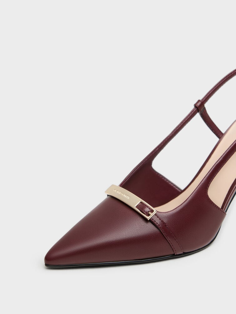 Metallic-Bar Pointed Slingback Pumps, Burgundy, hi-res