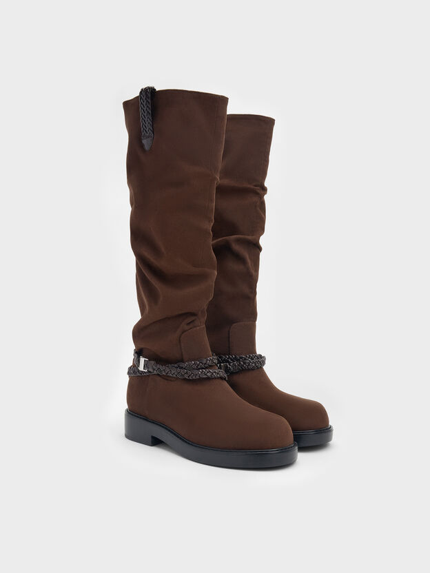 Franca Faux Suede Braided-Strap Knee-High Boots, Dark Brown Textured, hi-res