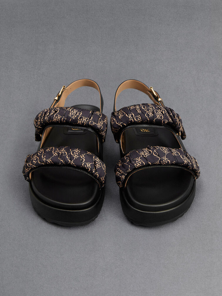 Tully Leather Ruched-Strap Sandals, Black, hi-res