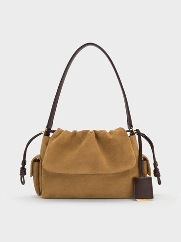 Khai Recycled Suede Ruched-Flap Side-Pocket Top Handle Bag, Sahara Sand, hi-res
