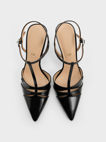 Leather T-Bar Pointed-Toe Pumps, Black Box, hi-res