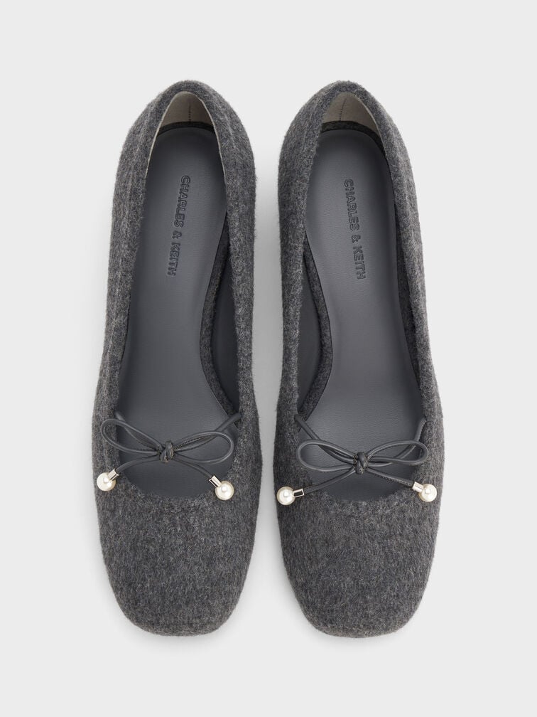 Barbara Felt Pearl-Embellished Bow Ballet Pumps, Grey, hi-res