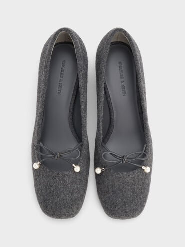 Barbara Felt Pearl-Embellished Bow Ballet Pumps, Grey, hi-res