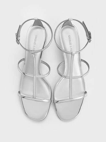 Metallic T-Bar Kitten-Heel Ankle-Strap Sandals, Silver, hi-res