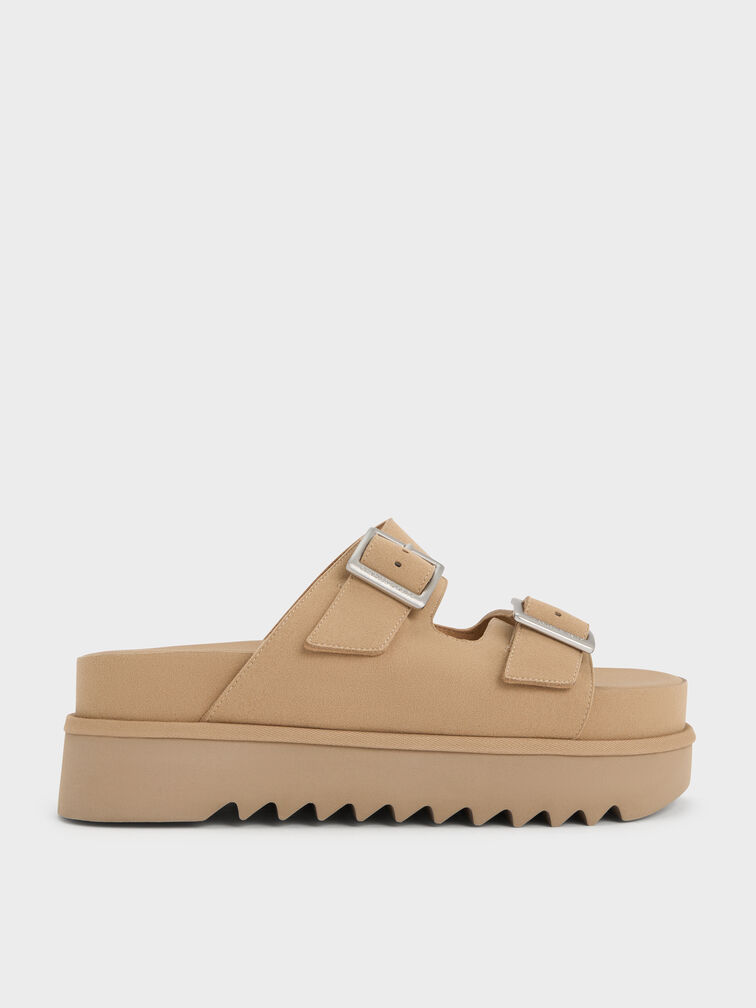 Buckled Double-Strap Flatform Sandals, Beige, hi-res