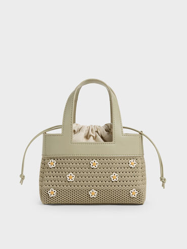 Girls' Ida Flower Knitted Mini Bag, Pale Olive, hi-res