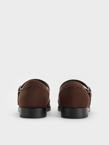 Faux Suede Double-Strap Brogue Mary Janes, Dark Brown Textured, hi-res