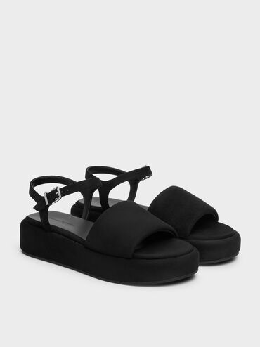 Faux Suede Ankle-Strap Flatform Sandals, Black Textured, hi-res