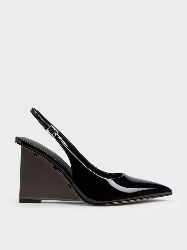 Patent Translucent-Heel Slingback Wedges, Black Patent, hi-res
