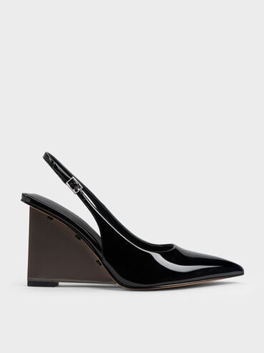 Patent Translucent-Heel Slingback Wedges, Black Patent, hi-res