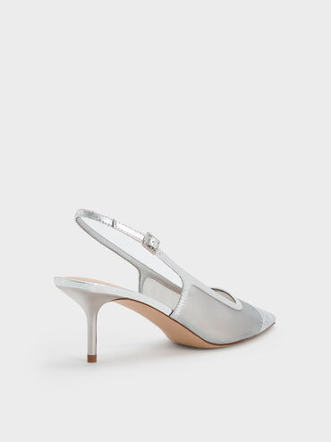 Mesh & Lace Pointed-Toe Slingback Pumps, Silver, hi-res