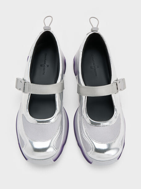 Mesh Gradient Wave Mary Jane Sneakers, Silver, hi-res