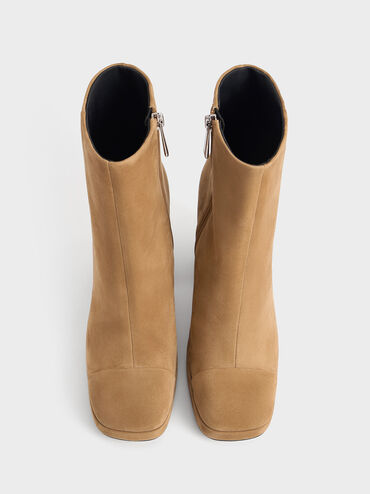 Jyll Suede Sculptural-Heel Ankle Boots, Caramel, hi-res