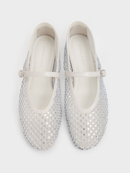 Maggie Mesh Crystal Mary Janes, White, hi-res