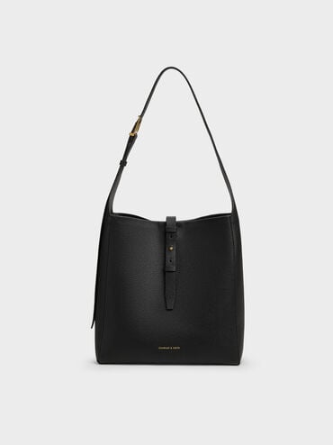 Beryl Recycled Leather Belted Hobo Bag, Black, hi-res