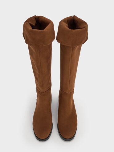 Faux Suede Fold-Over Back-Tie Thigh-High Boots, Brown, hi-res