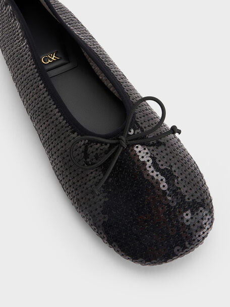 Sequin Mesh & Leather Bow Ballet Flats, Black Textured, hi-res