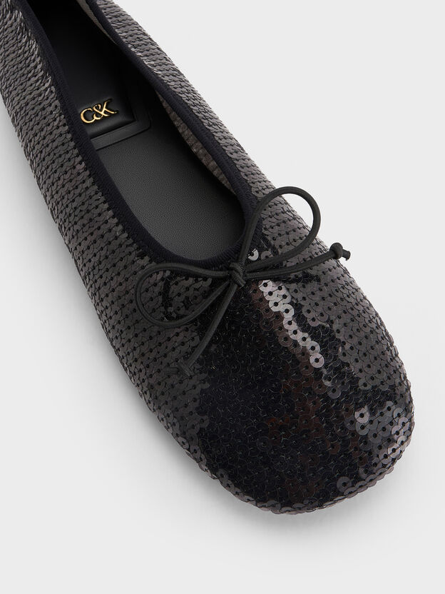 Sequin Mesh & Leather Bow Ballet Flats, Black Textured, hi-res