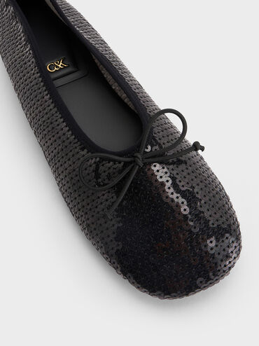 Sequin Mesh & Leather Bow Ballet Flats, Black Textured, hi-res