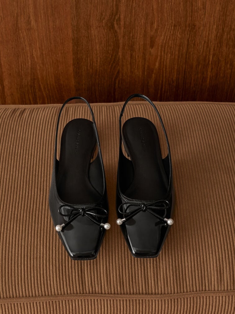 Barbara Patent Pearl-Bow Slingback Flats, Black Patent, hi-res