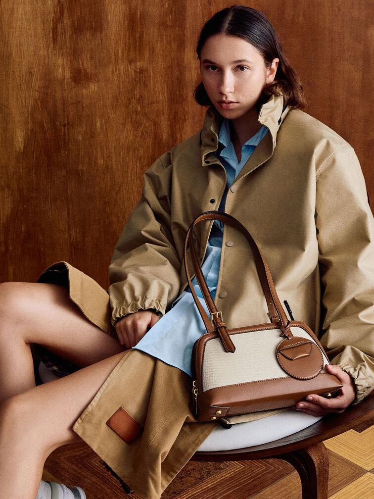 Enola Canvas Two-Tone Elongated-Handle Bag, Chocolate, hi-res