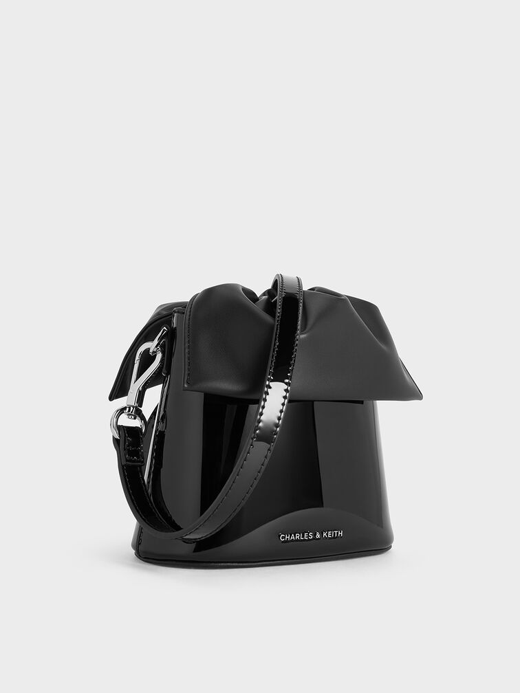 Patent Ruched-Flap Drawstring Bucket Bag, Noir, hi-res