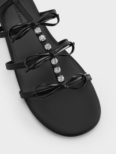 Gem-Embellished Bow T-Bar Sandals, Black, hi-res