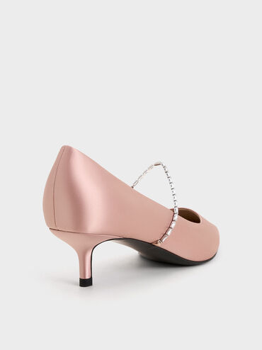 Satin Embellished-Strap Pointed-Toe Pumps, Nude, hi-res