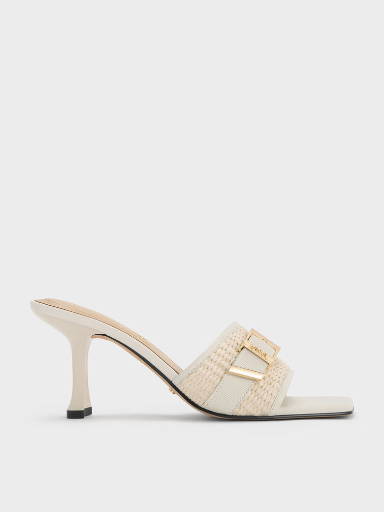 Whitney Leather & Raffia Buckled Heeled Mules, White, hi-res