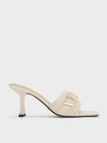 Whitney Leather & Raffia Buckled Heeled Mules, White, hi-res