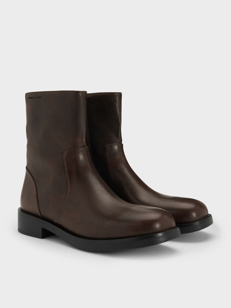 Burnished Side-Zip Ankle Boots, Dark Brown, hi-res