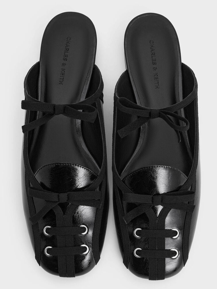 Crinkle-Effect Lace-Up Bow Ballet Mules, Black, hi-res