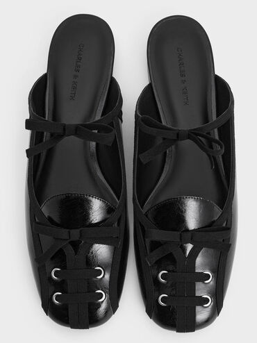 Crinkle-Effect Lace-Up Bow Ballet Mules, Black, hi-res