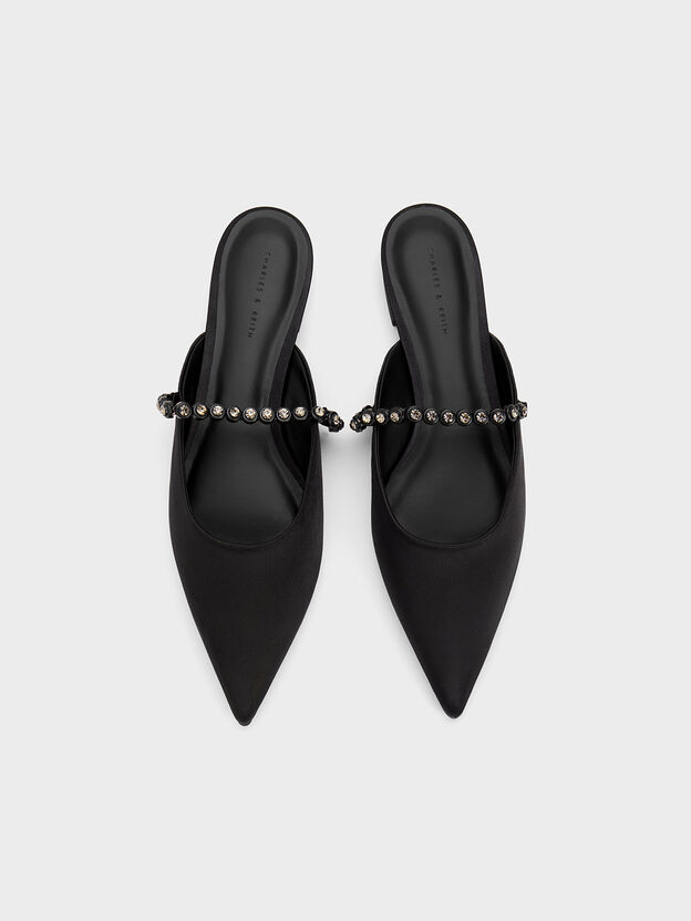 Flores Recycled Polyester Gem-Strap Flat Mules, Black, hi-res