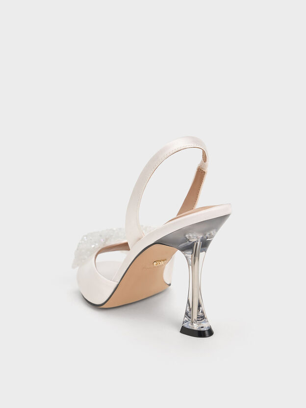 Beaded Bow Slingback Pumps, White, hi-res