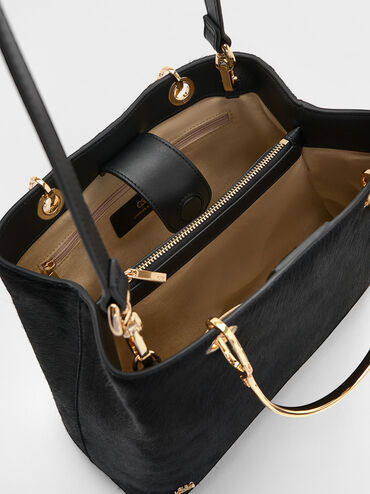 Pony Hair & Leather Ring-Handle Bag, Black, hi-res