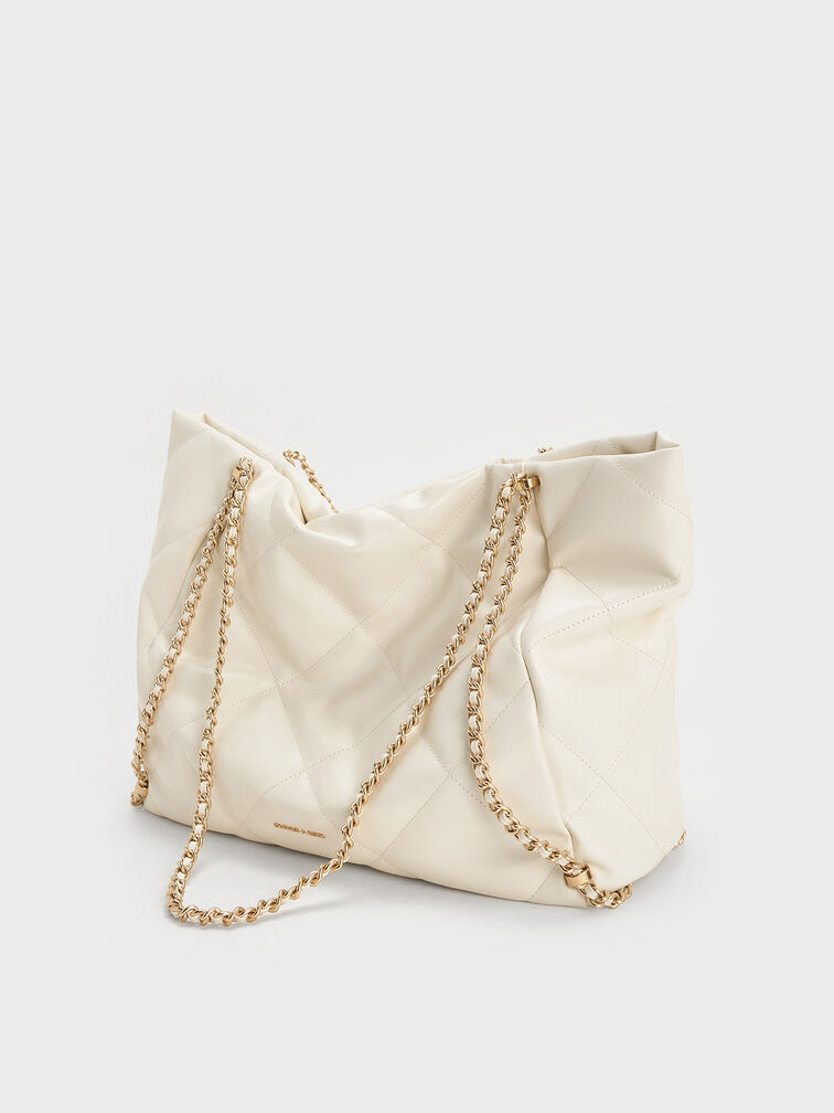 Apfra Quilted Chain-Embellished Tote Bag, Cream, hi-res