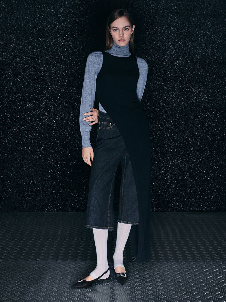 Satin Crystal-Buckle Pointed-Toe Slingback Flats, Black Textured, hi-res