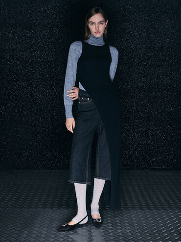 Satin Crystal-Buckle Pointed-Toe Slingback Flats, Black Textured, hi-res